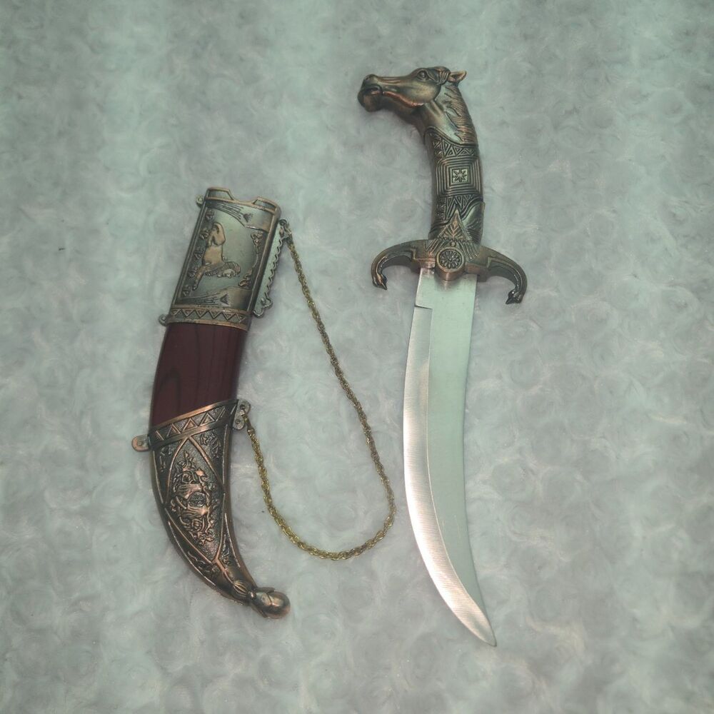 Style Curved Scimitar Dagger Horse Head Pommel Scabbard Sheath 12 Brown